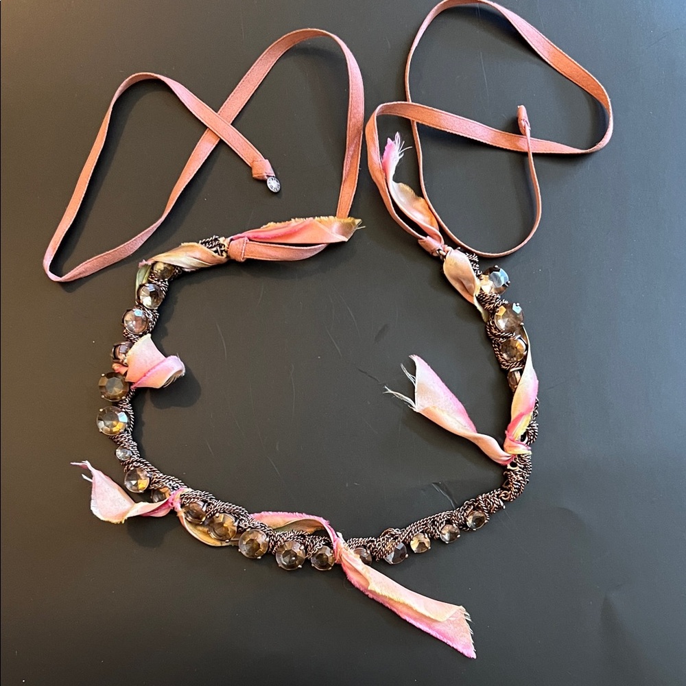 Pink Silk Ribbon Crystal Chain Necklace with Pink Cut Glass Stones; see pictures